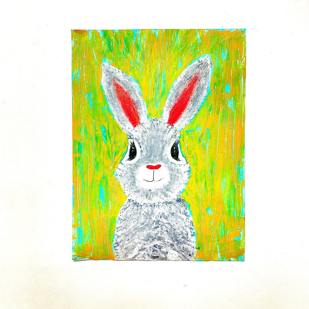 Original Hand Painted Cute Bunny Rabbit on 9” x 12” Art Paper Needs Framed
